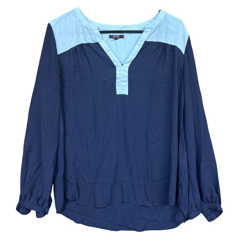 NYDJ Womens Blouse Blue V Neck Long Sleeve Relaxed Semi Sheer Medium